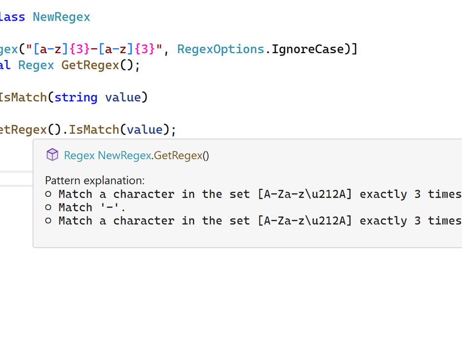The regex explained in Visual Studio 2022 on hover